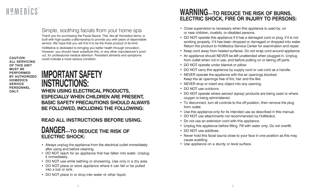 HoMedics FAC-2 instruction manual IMPORTANT SAFETY Instructions 